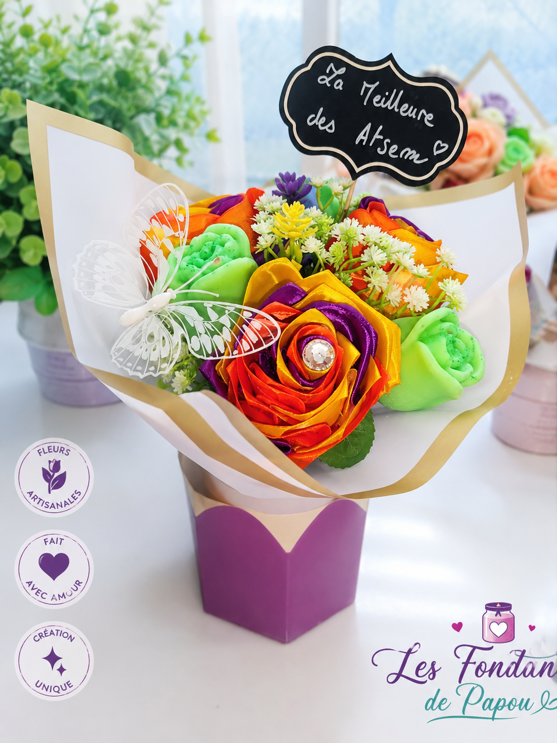 bouquet rose satin et fondants parfumé senteur Balade Provençale + pot à crayons